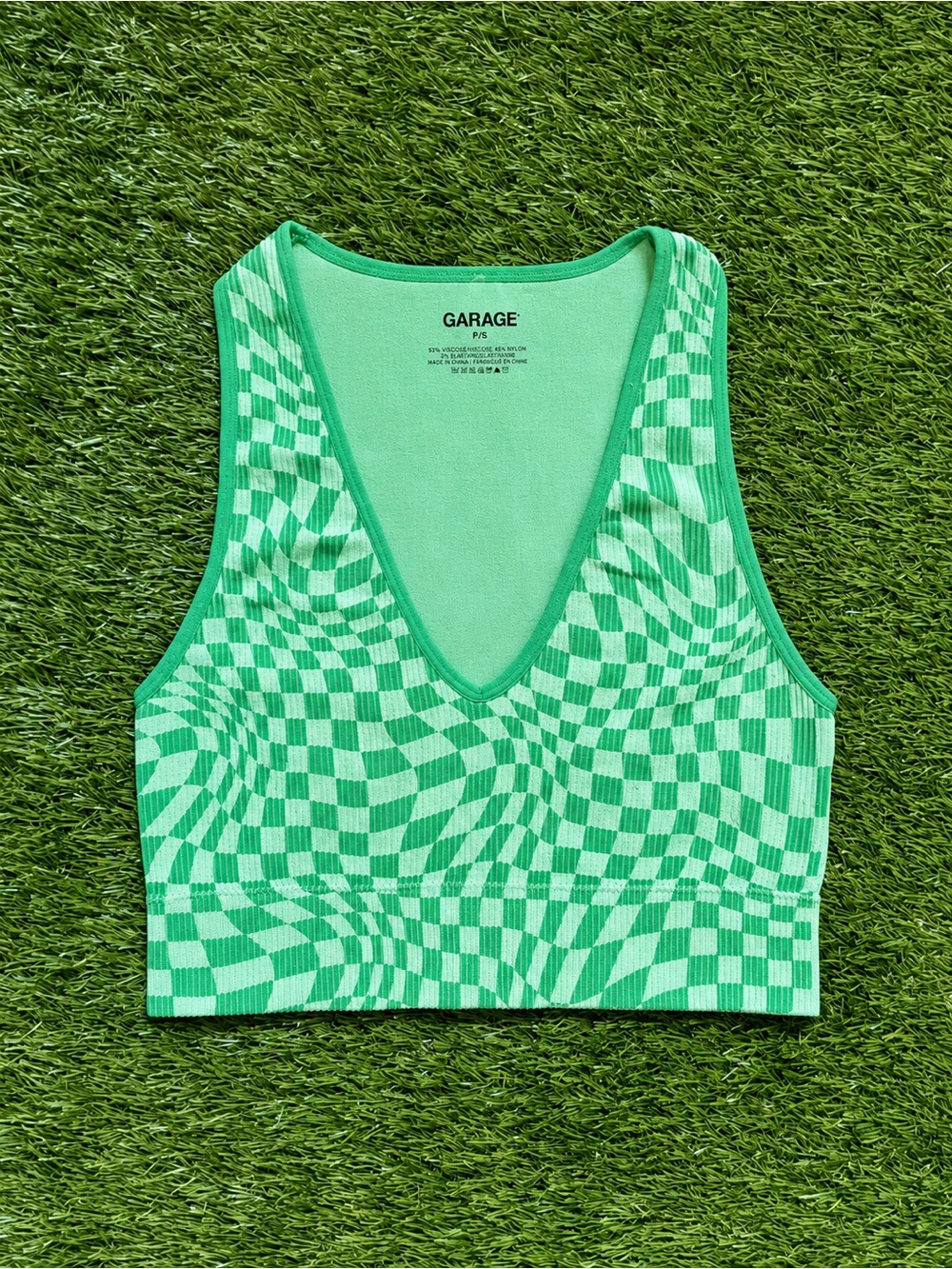 Garage Green Checkerboard Swirl Ribbed Cropped Tank Top Small